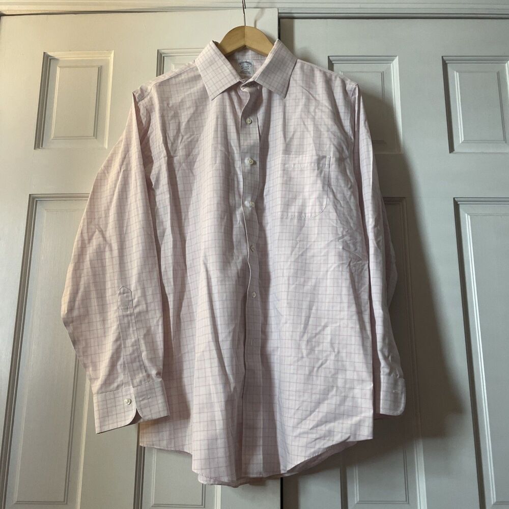 Brooks Brothers Classic Fit Dress Shirt 16.5 34 Pink Plaid Non-Iron Supima